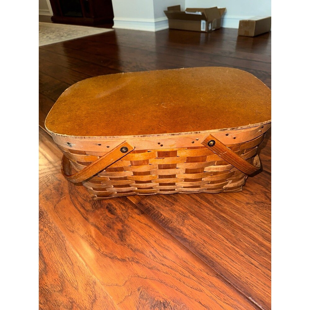Vintage Woven Wood Picnic Basket Hinged Lid Double Handles Rustic Cottage Decor